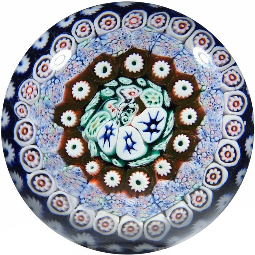 Antique Bacchus Art Glass Paperweight Concentric Millefiori in Blue Staves