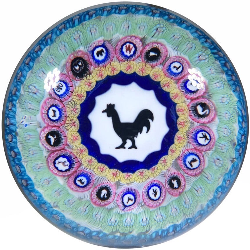 Baccarat 1971 Art Glass Paperweight Large Rooster Gridel & Millefiori Silhouette canes