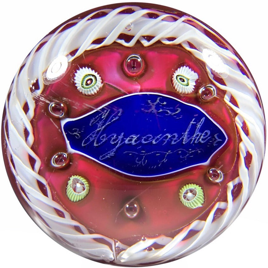 Antique Val St. Lambert Art Glass Paperweight Millefiori & Hyacinthe Plaque on Red Ground