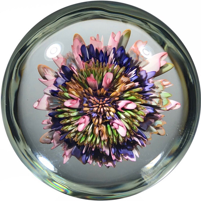 Contemporary Marcus Barnes Art Glass Paperweight Complex Gold Fumed Flower Bouquet