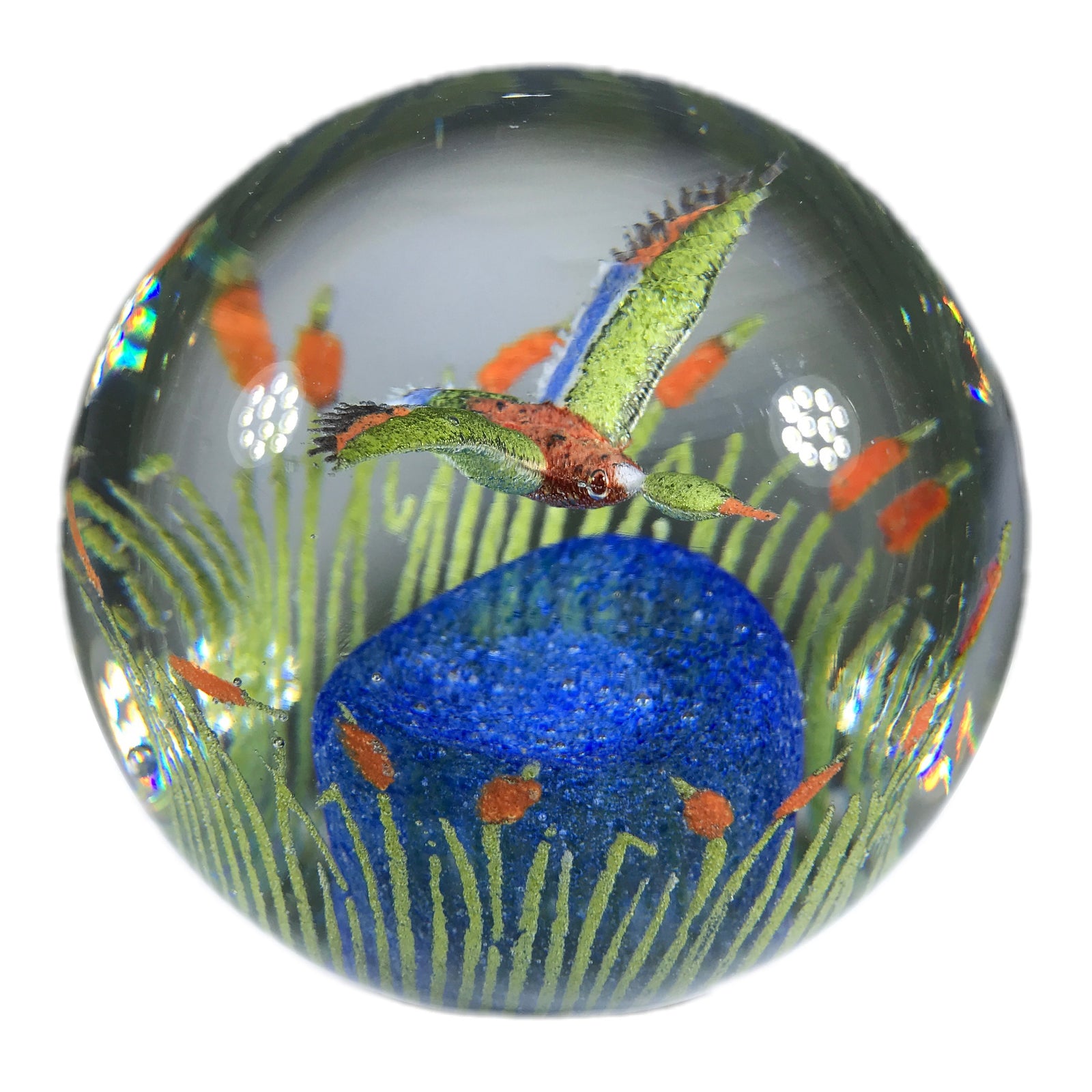 Signed John Murphy Art Glass Paperweight 3D Frit Duck Over a Pond