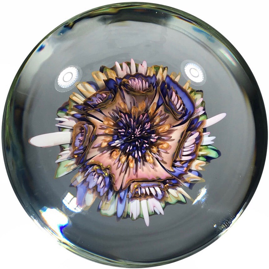 Contemporary Marcus Barnes Art Glass Paperweight Complex Gold Fumed Flower Bouquet