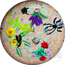 Super Magnum Mickael Hingant Glass Art Paperweight Flamework Lizard, Spider, Bee, Beetles and Flowers on Mottled Dirt Ground