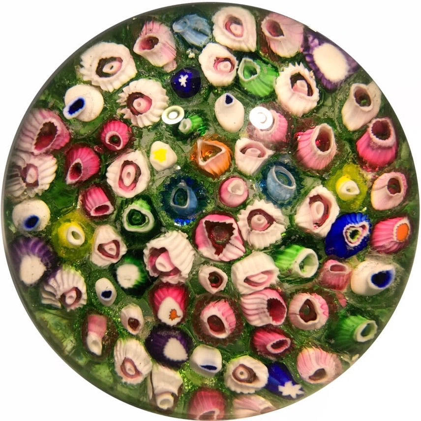 Rare Antique Riedel Art Glass Paperweight Closepack Millefiori on Green w/ Mica