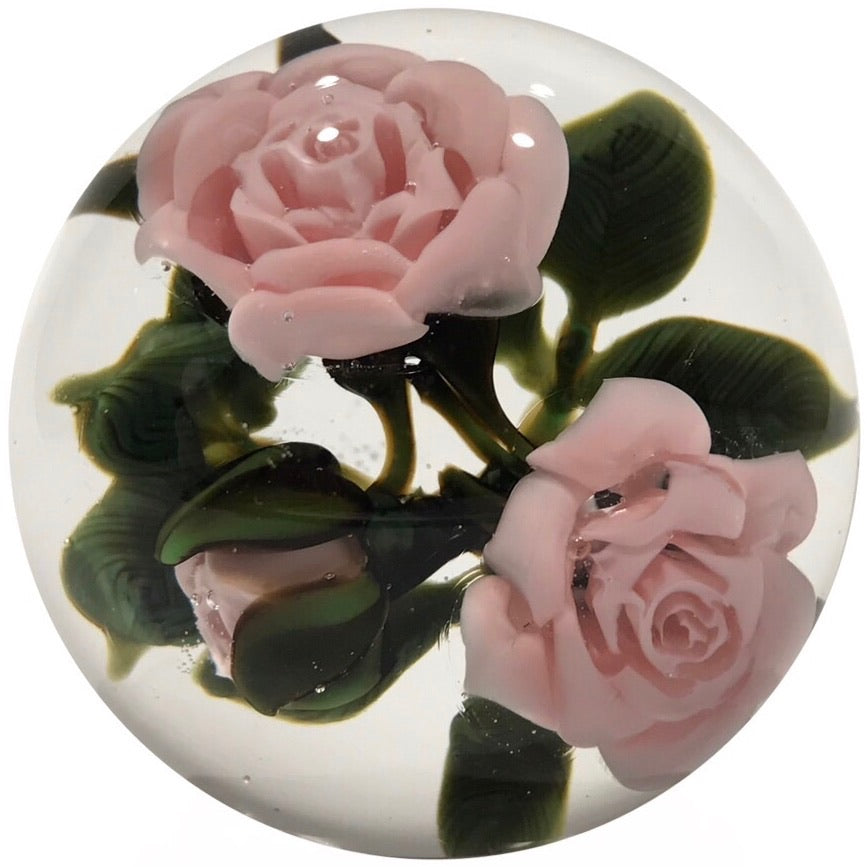 Katsumi Sakakibara Art Glass Paperweight Lampwork Pink Rose Bouquet