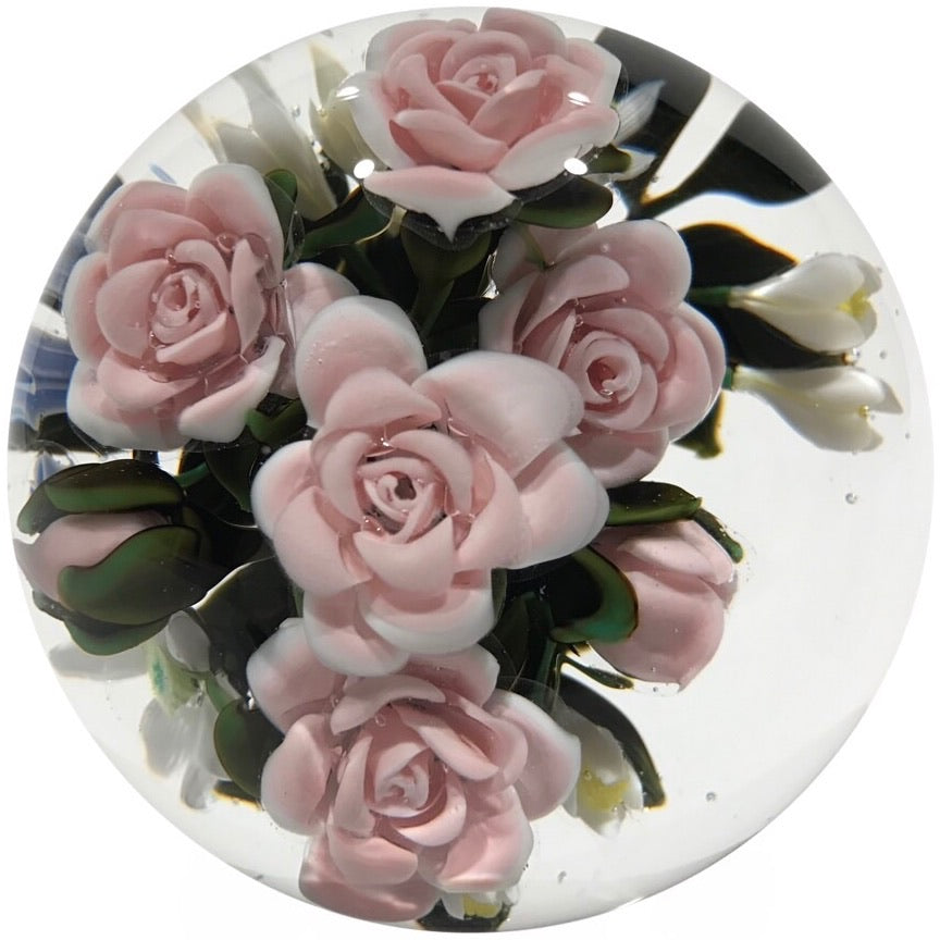 Large  Katsumi Sakakibara Art Glass Paperweight Lampwork Pink Rose Bouquet