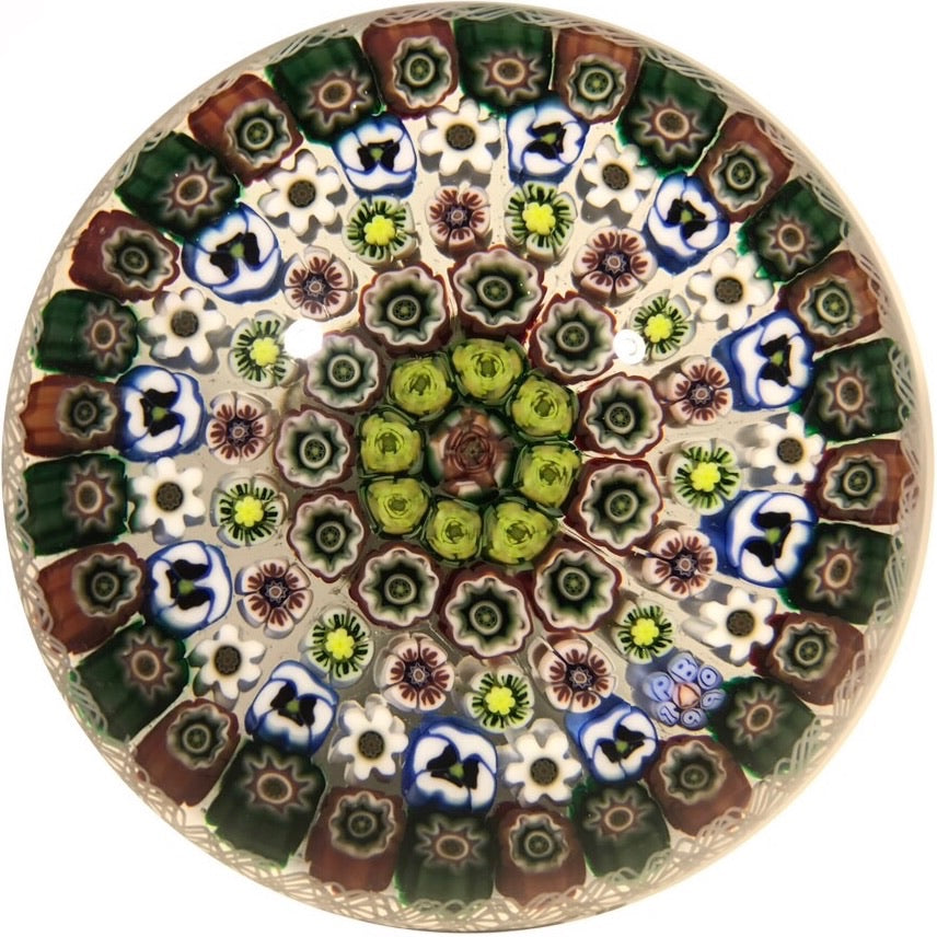 Parabelle Art Glass Paperweight Close Concentric Millefiori with Pansy Canes