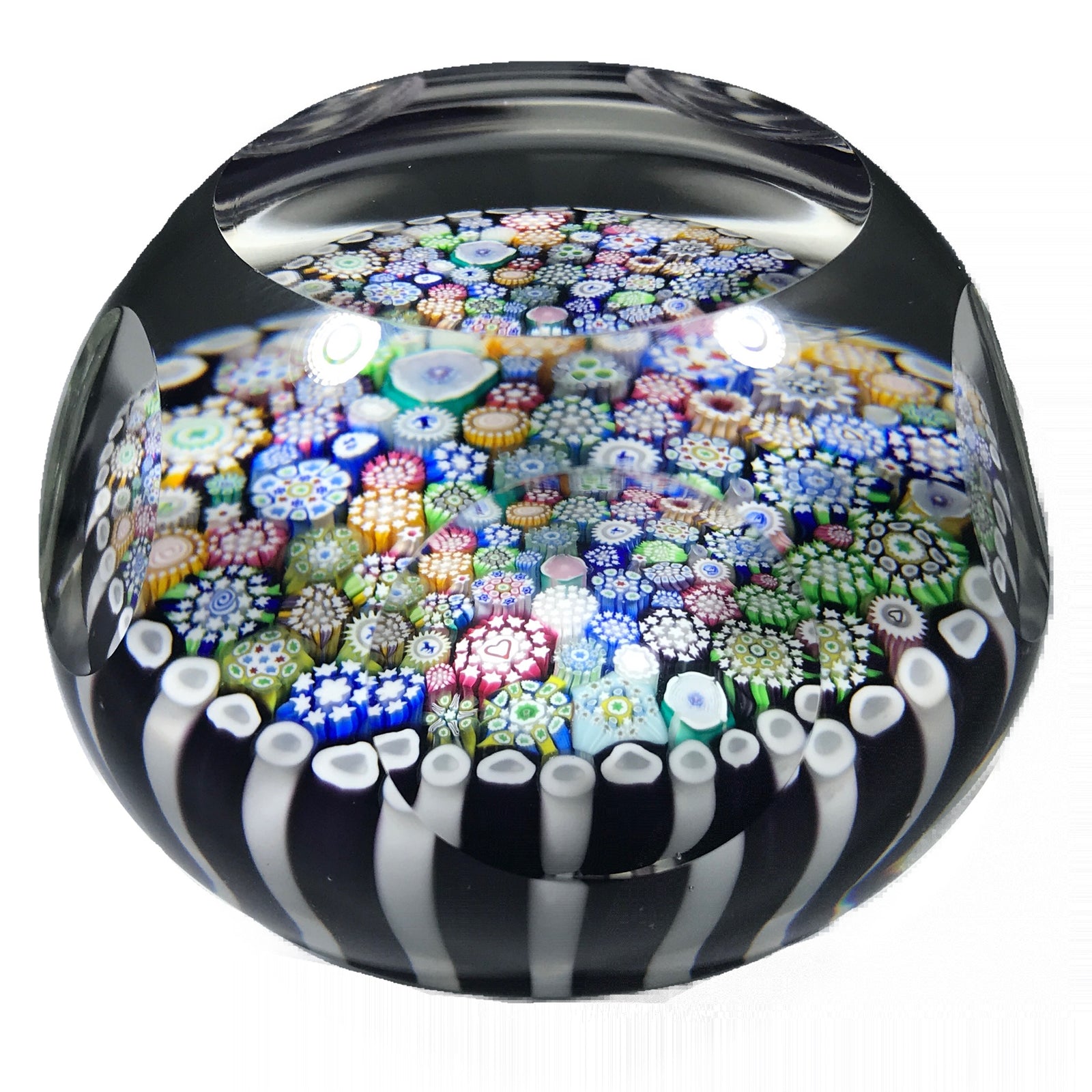 Faceted John Deacons 2018 Art Glass Paperweight Closepack Millefiori w/ Silhouette Canes in Stave Basket