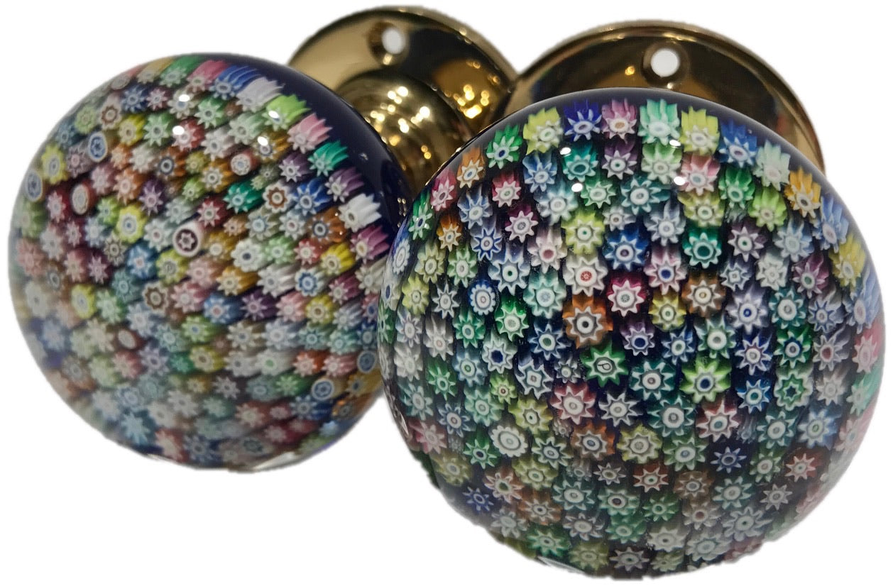 Matched Pair Perthshire Art Glass Paperweight Doorknobs Closepack Millefiori