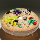 Super Magnum Mickael Hingant Glass Art Paperweight Flamework Lizard, Spider, Bee, Beetles and Flowers on Mottled Dirt Ground