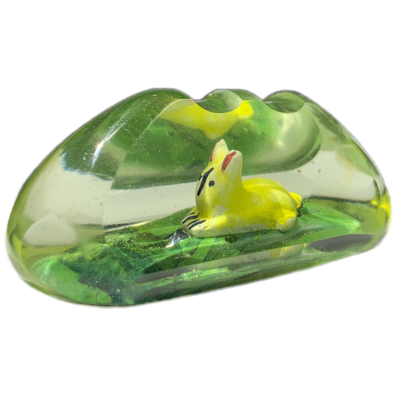 Early 20th C. Chinese Paperweight Chopstick Holder with Painted Rabbit Sulphide