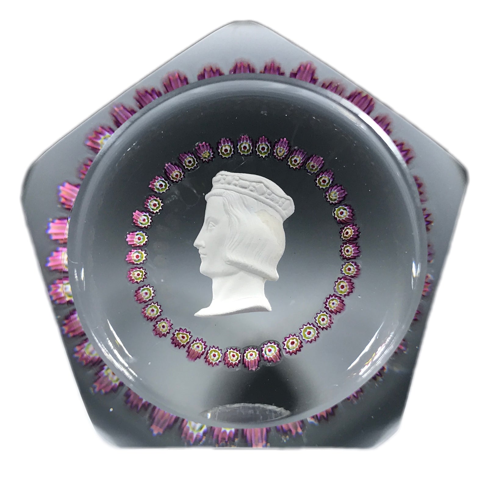 Saint-Louis Art Glass Paperweight 1967 Bicentennial King Louis Sulphide w/ Millefiori