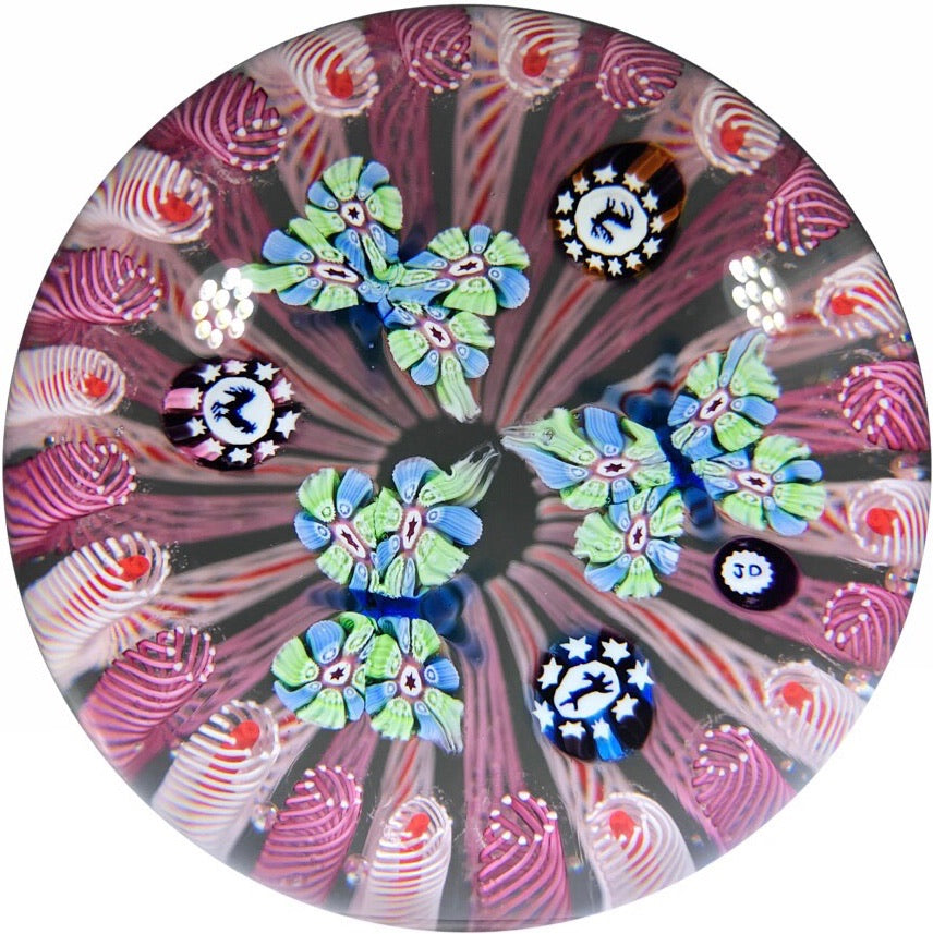 John Deacons Art Glass Paperweight Silhouette Canes and Millefiori Butterflies in Pink Staves