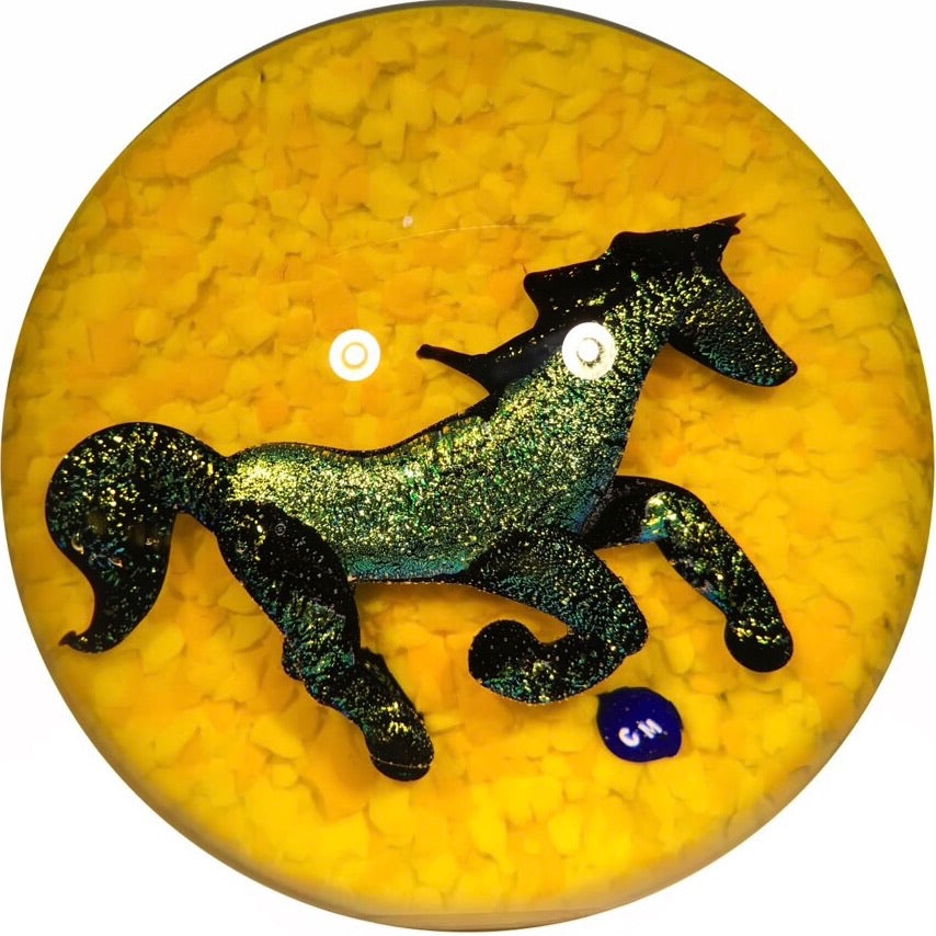 Signed Lewis Wilson Art Glass Paperweight Lampwork Dichroic Horse on Yellow Ground