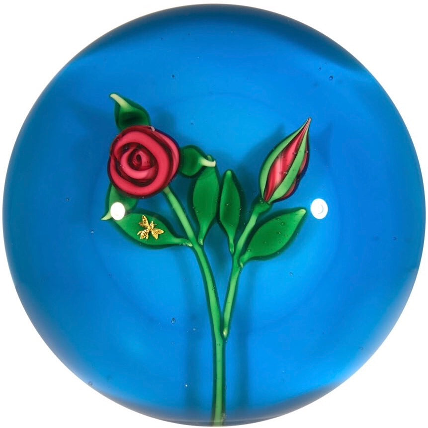 Charles Kaziun Jr. Art Glass Paperweight Lampwork Rose with Gold Bee Blue Ground