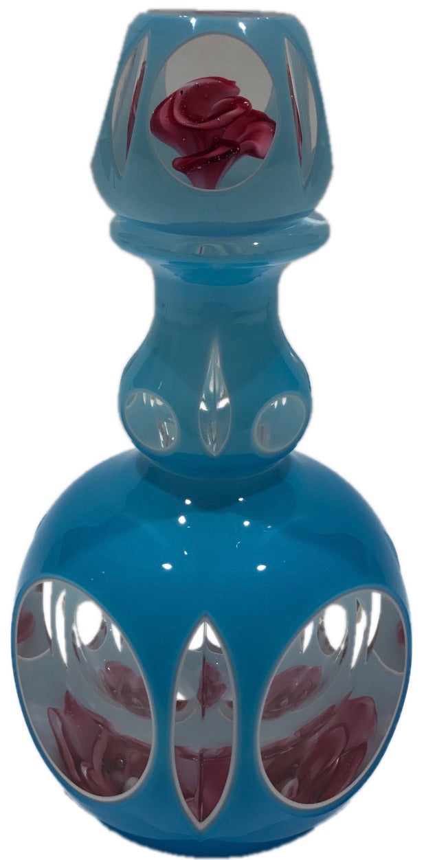 Murano Art Glass Rose-Encased Paperweight Bottle Inkwell Fancy-Cut Blue Overlay