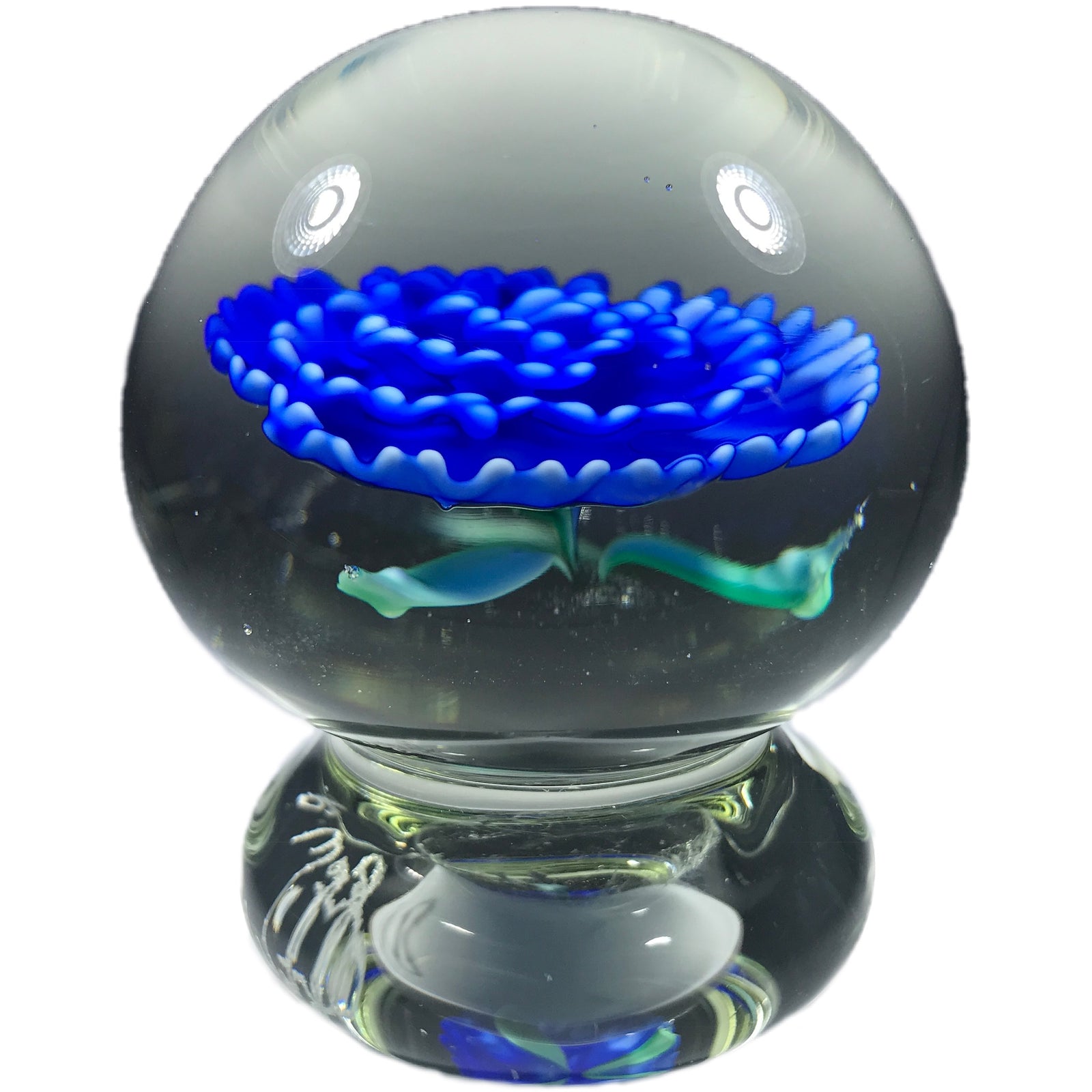 Signed Robert Wetzal Art Glass Paperweight Footed Blue Flower