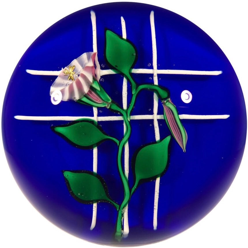 Charles Kaziun Jr. Art Glass Paperweight Lampwork Morning Glories on Trellis