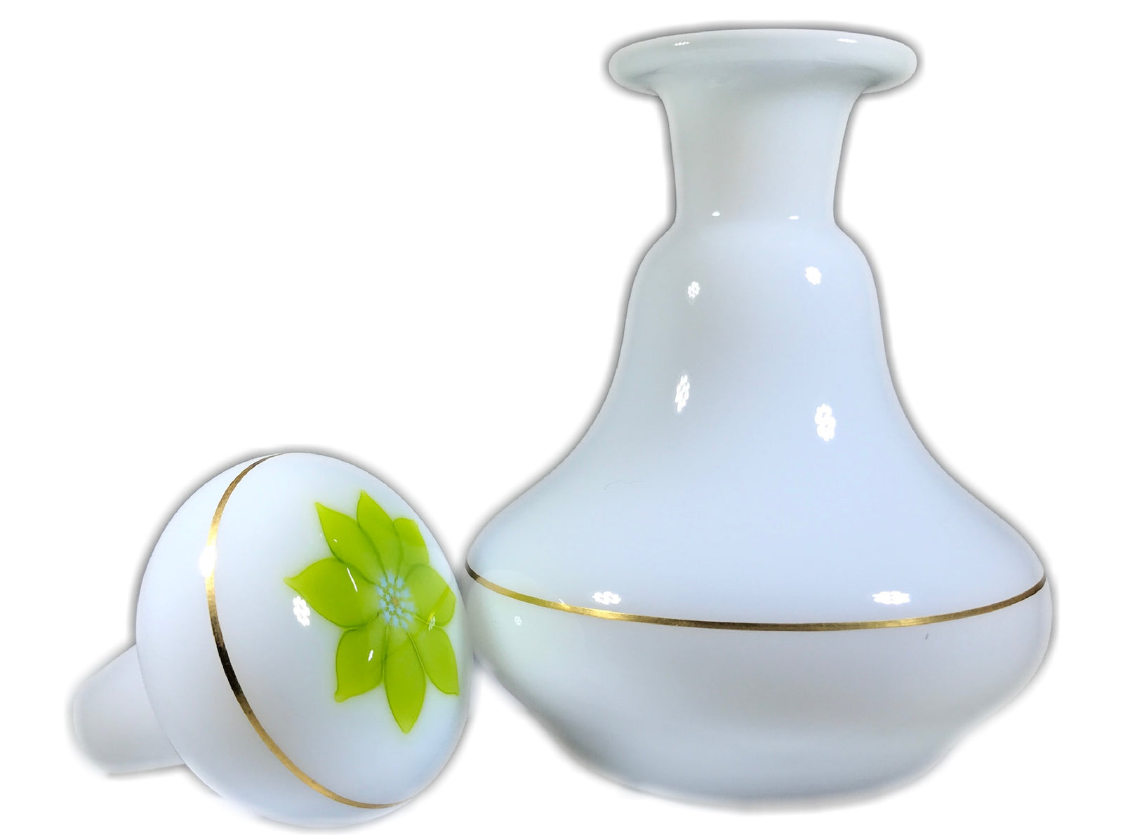 Saint Louis Art Glass Paperweight Milk Glass Bottle w/ Chartreuse Flower Millefiori Stopper