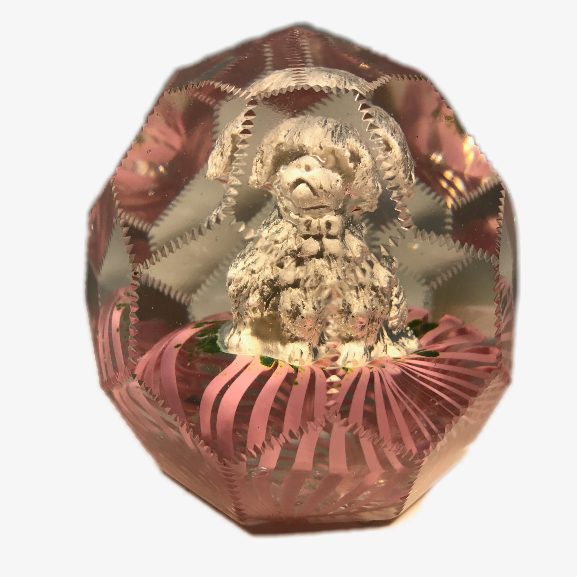 Large Antique Bohemian Art Glass Faceted Paperweight Dog Sulphide on Pink Cushion