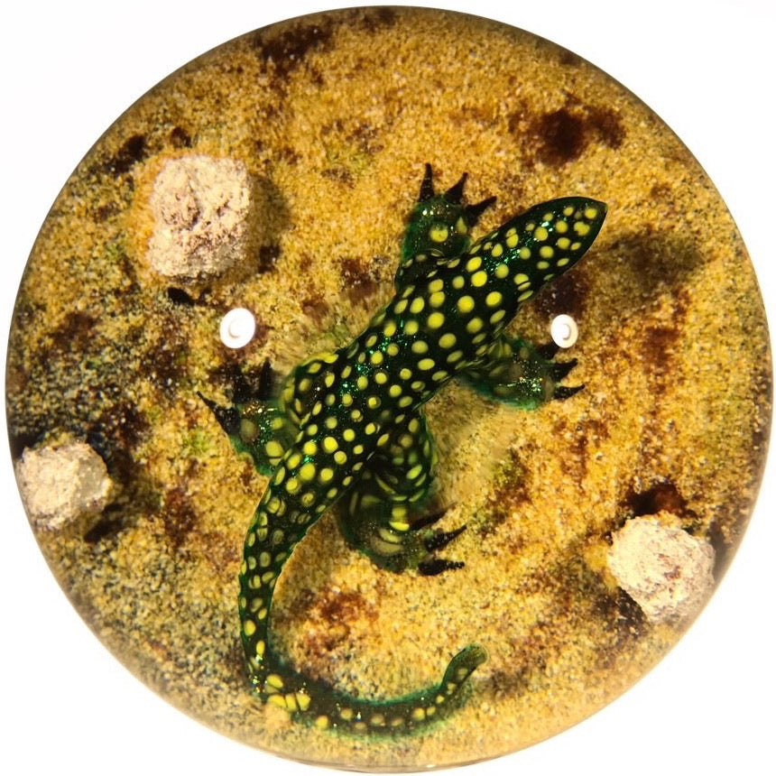 Signed William Manson Art Glass Paperweight Aventurine Spotted Lizard