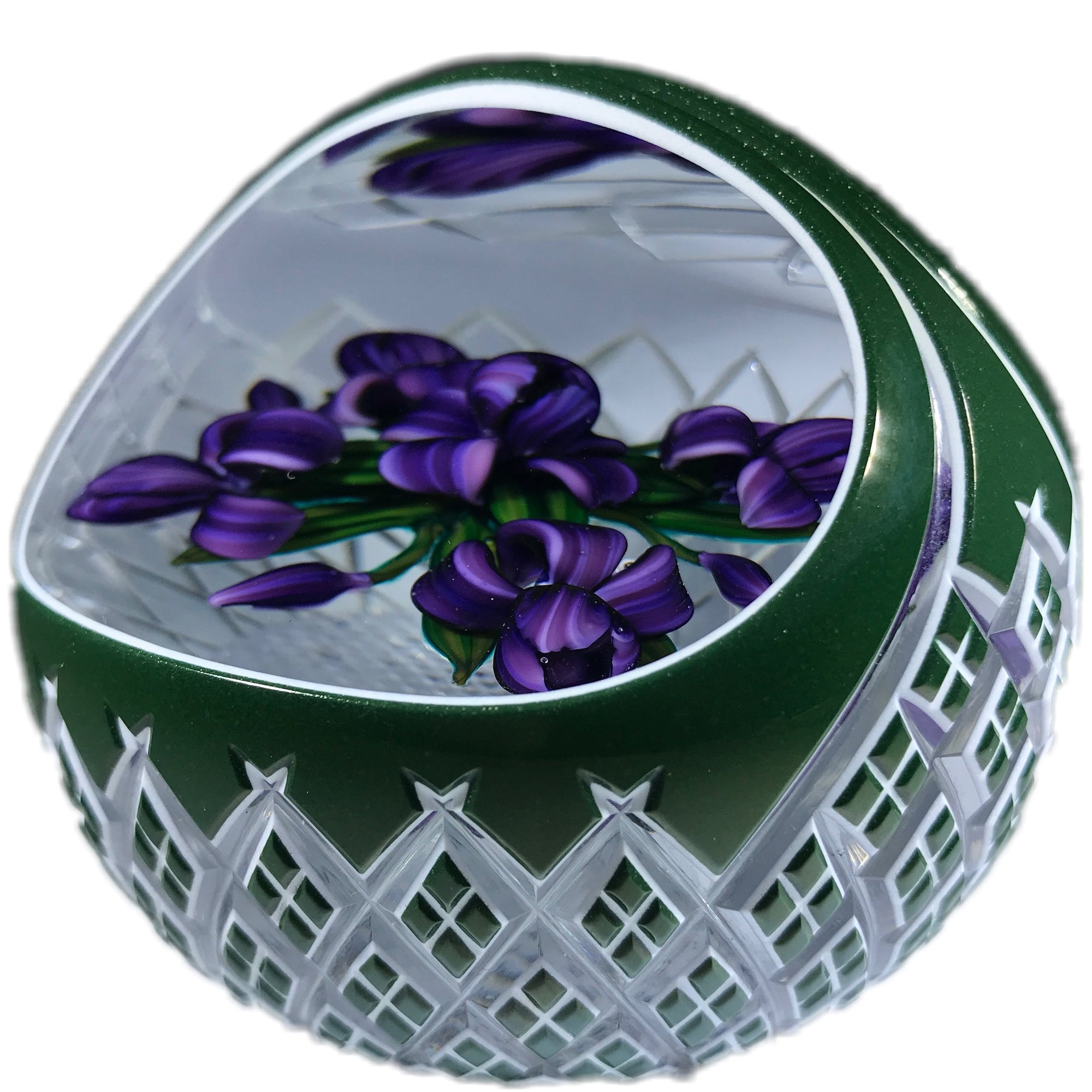 Ray Banford & Ed Poore Art Glass Paperweight Lampwork Iris Bouquet Fancy Cut Green Basket