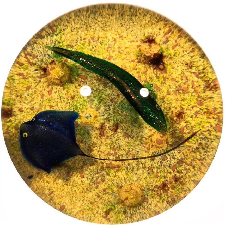 Signed William Manson Art Glass Paperweight Aventurine Fish & Stingray