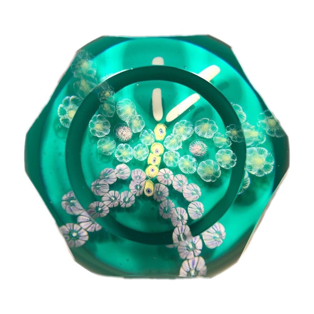 Vintage Pairpoint Faceted Art Glass Paperweight Millefiori Butterfly Blue Ground