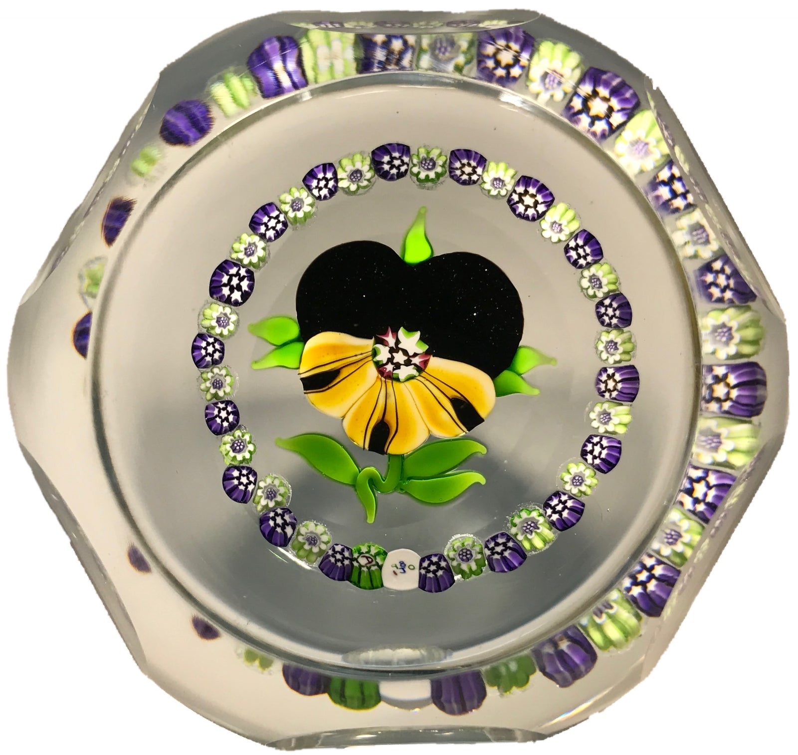 Vintage J Glass Allan Scott Art Glass Paperweight Pansy & Millefiori Garland