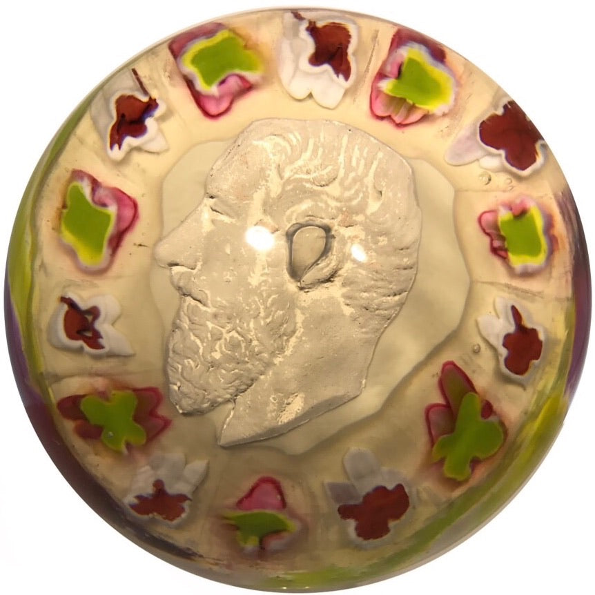 Antique Val St. Lambert Art Glass Paperweight Sulphide on White with Millefiori & Torsade