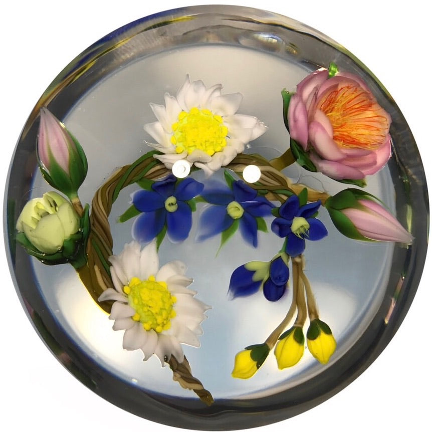 Signed Paul Stankard Art Glass Paperweight Lampwork Braided Flower Bouquet