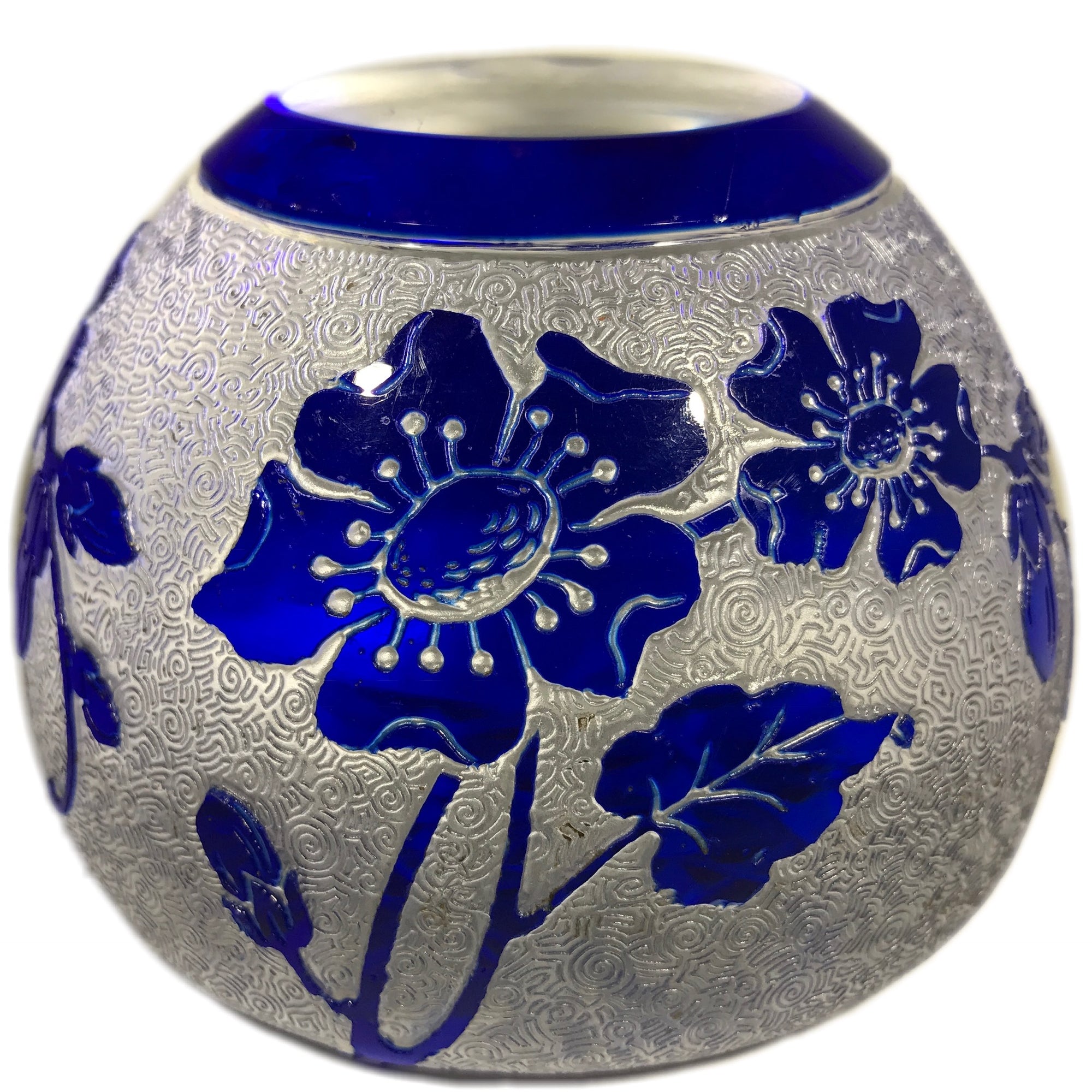 Antique Val St. Lambert Art Glass Paperweight Floral Engraved Blue Overlay