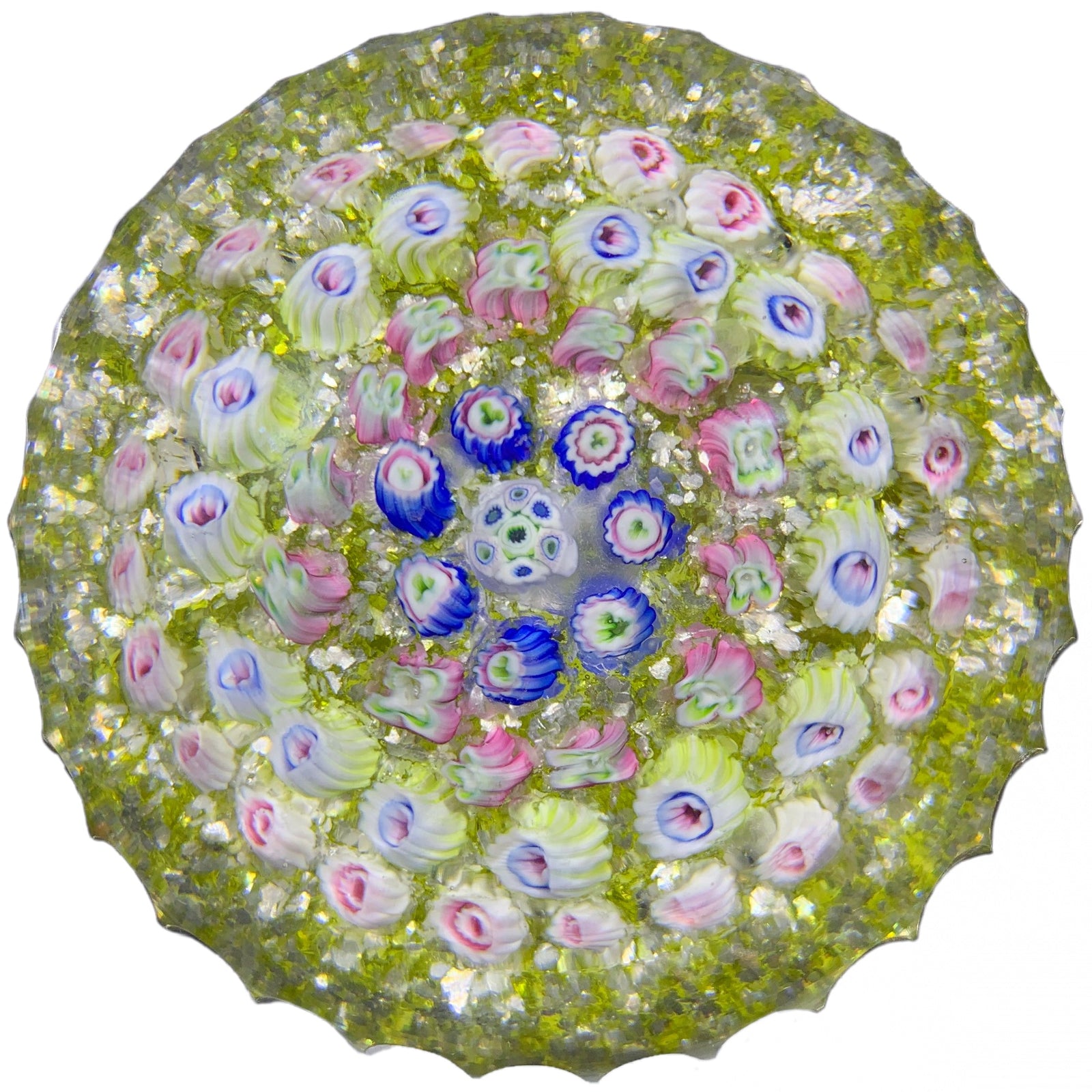 Antique Riedel Concnetirc Millefiori on Mica Speckled Green Ground