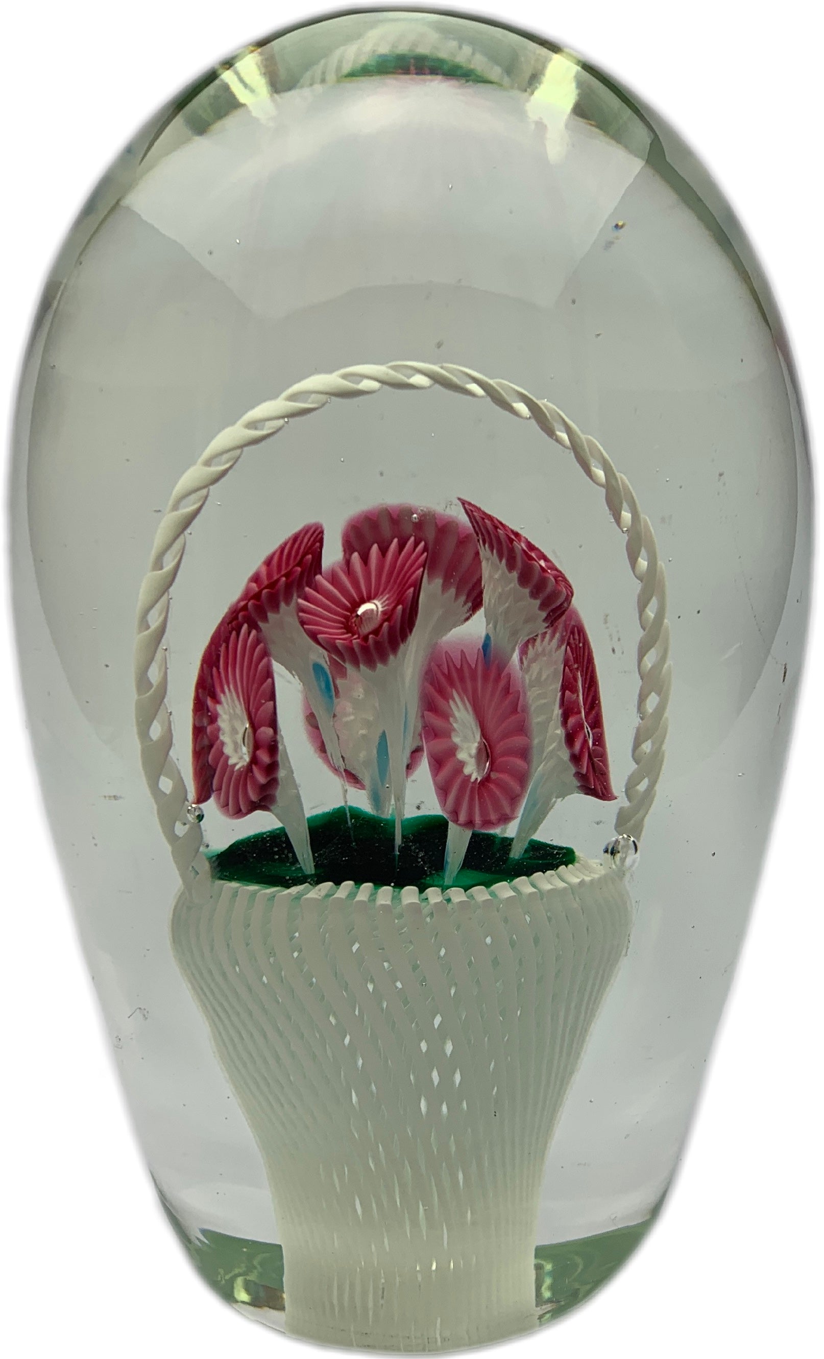 Large Vintage Murano Art Glass Sculpture Woven White Basket of Millefiori Icepick Flowers
