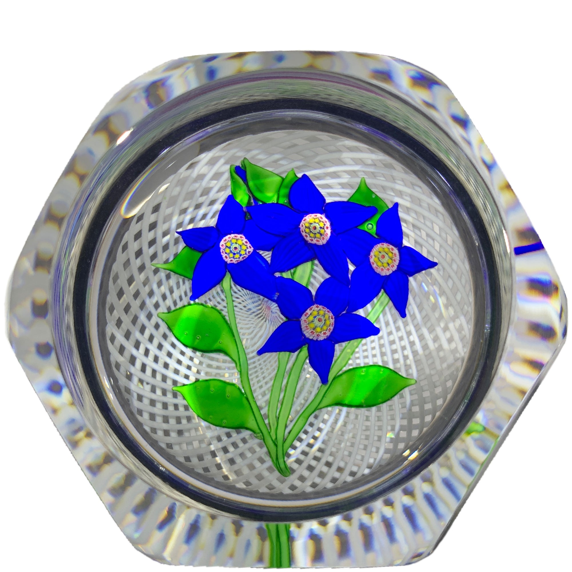 Saint-Louis Queen Art Glass Paperweight Lampwork Blue Flower Bouquet