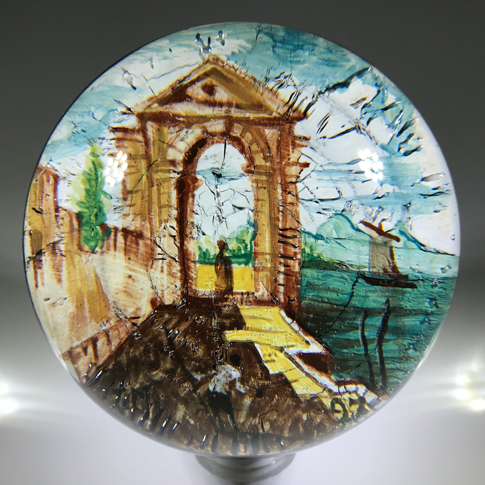 Rare Vintage Murano Art Glass Paperweight Encased Hand Painted Plaque on Aventurine