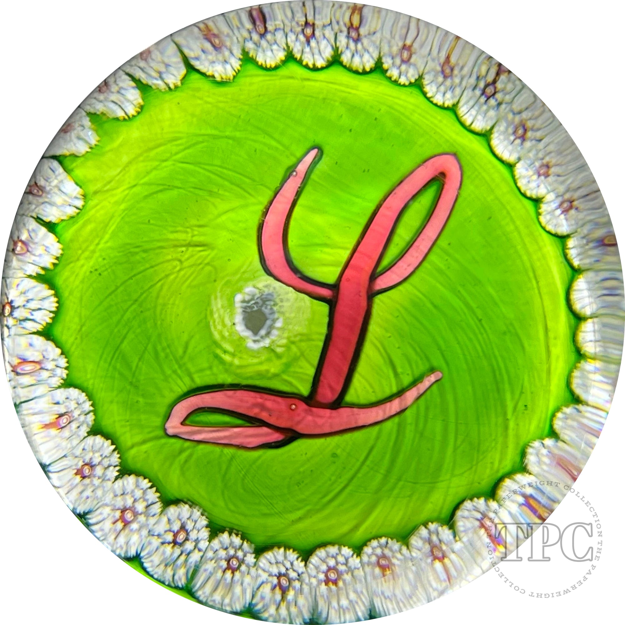 Antique Saint-Louis Glass Art Paperweight Lampwork Initial L on Opaque Pistachio Green Ground with Millefiori Garland