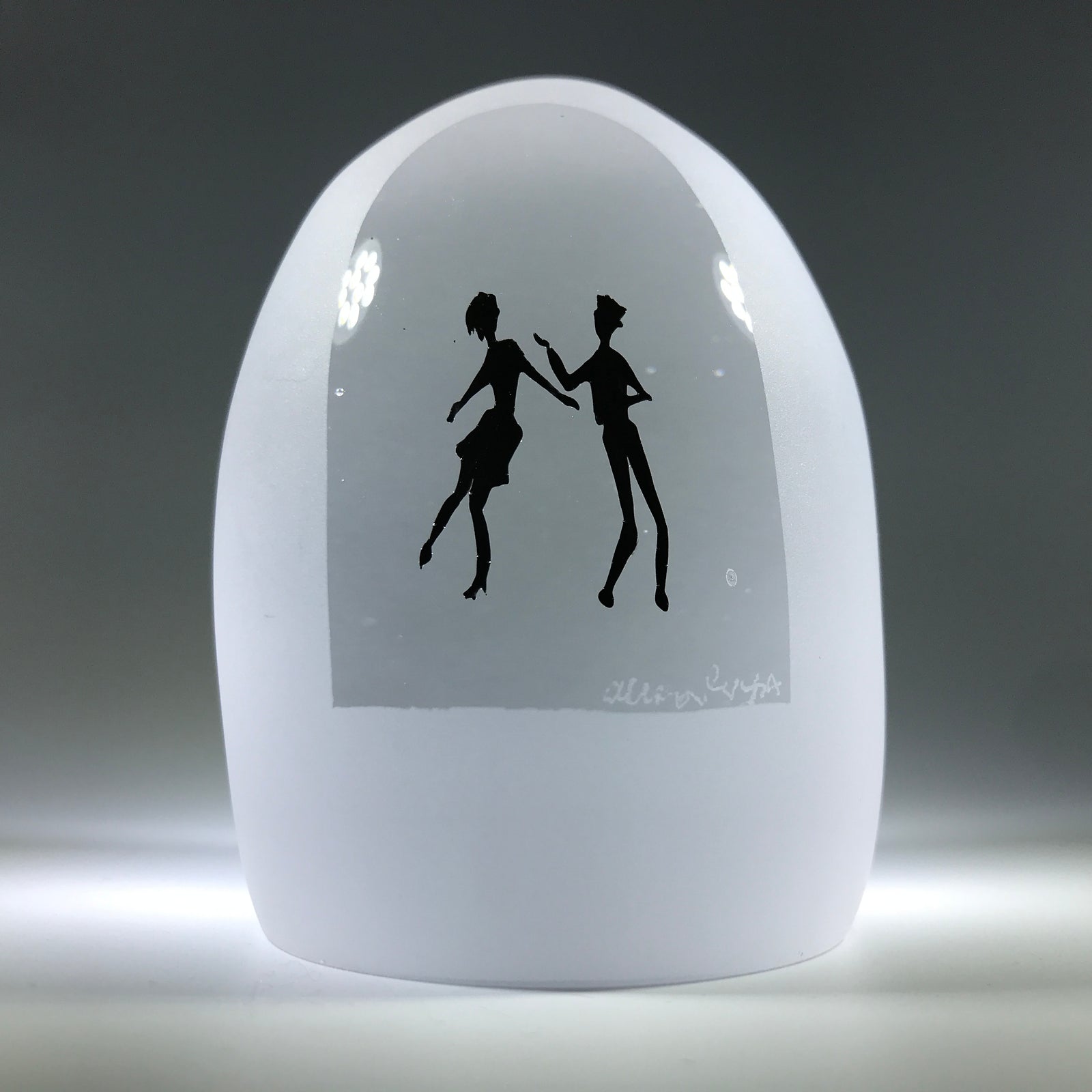 Signed Alison Ruzsa Art Glass Paperweight Encased Detailed Enamel Painting Dancers