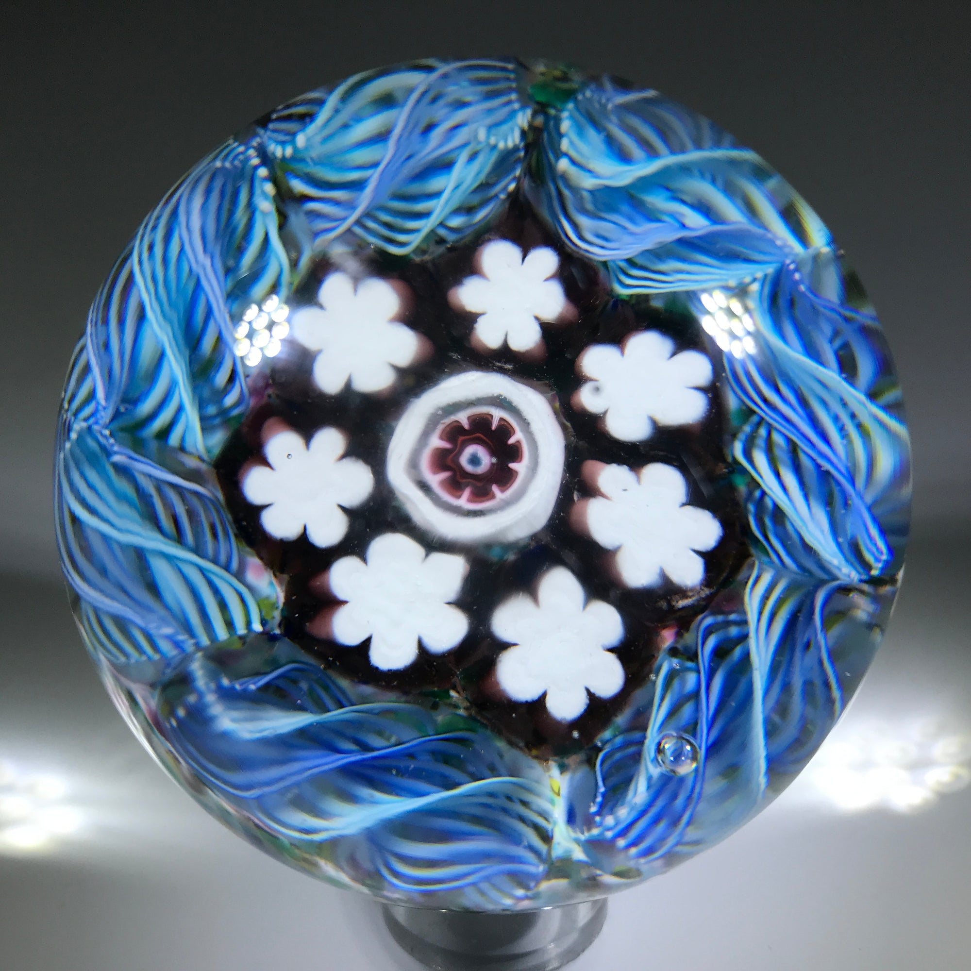 Vintage Murano Art Glass Paperweight Millefiori and Blue Torsade