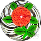 John Deacons Glass Art Paperweight Flamework Red Pompom Flower on Black & White Swirl