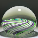 John Deacons Glass Art Paperweight Green, Purple & White Swirl with Central Rose Cane Millefiori