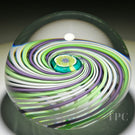 John Deacons Glass Art Paperweight Green, Purple & White Swirl with Central Rose Cane Millefiori
