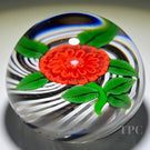 John Deacons Glass Art Paperweight Flamework Red Pompom Flower on Black & White Swirl