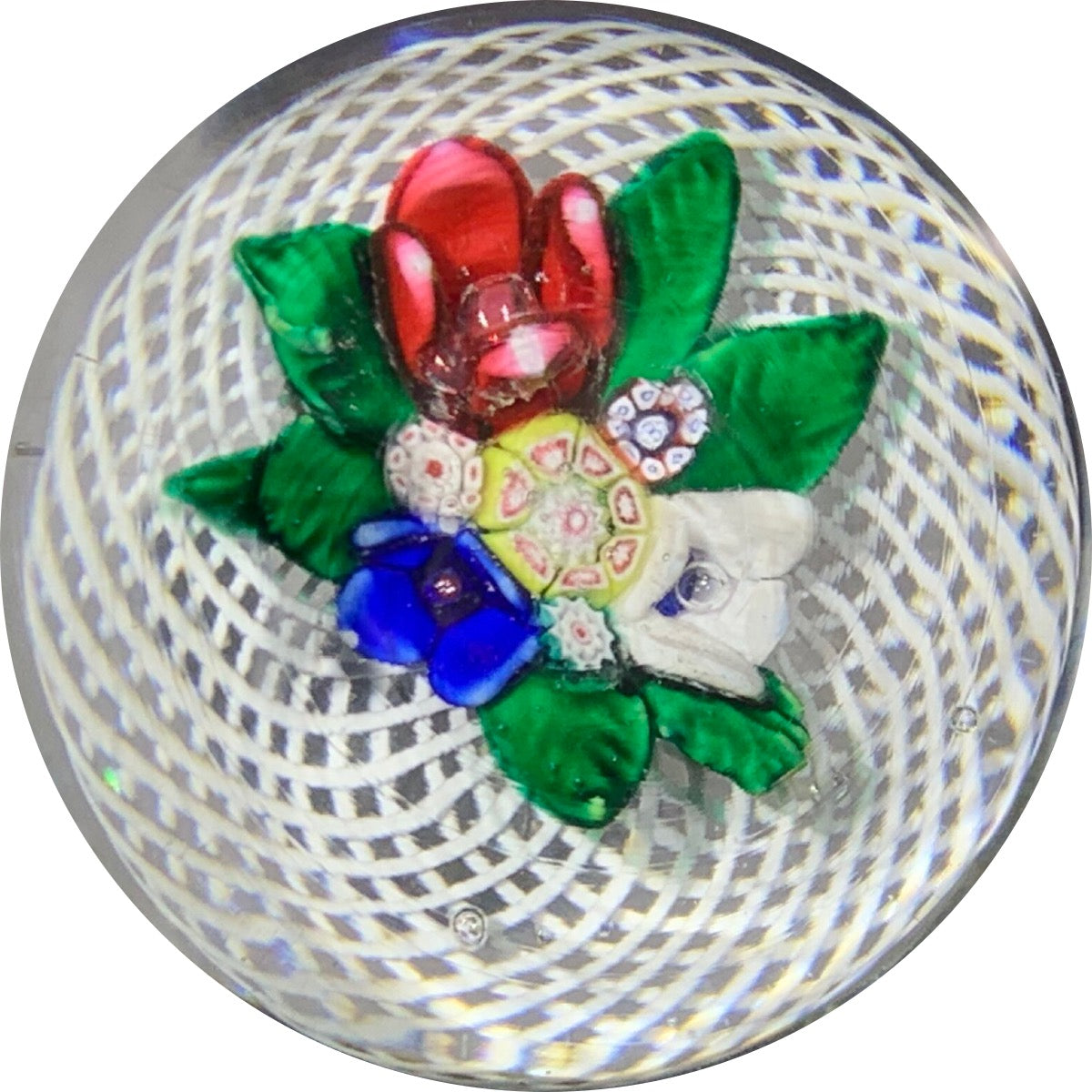 Antique New England Glass Co. Upright Bouquet on White Spiral Filigree Basket