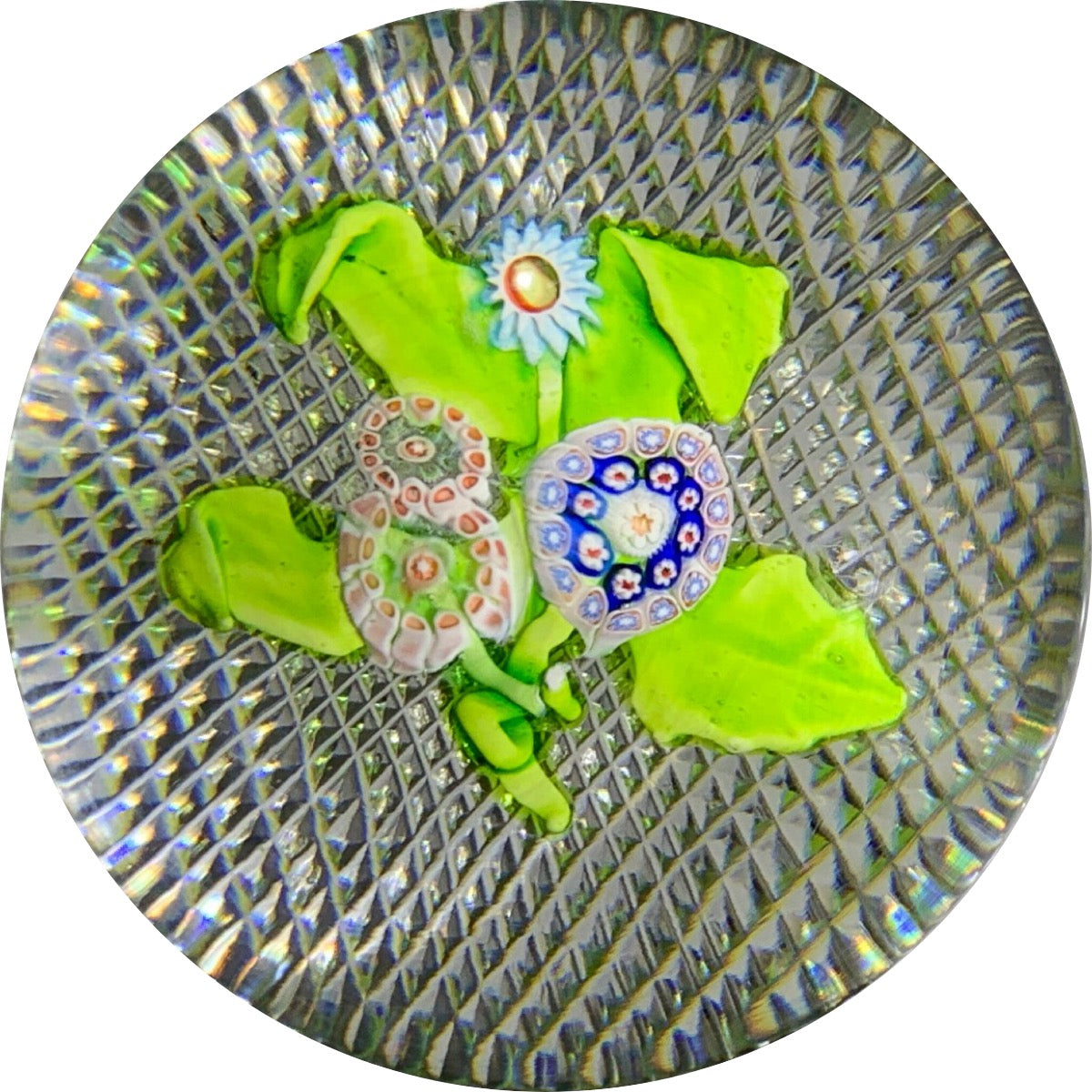 Antique Saint-Louis Millefiori Nosegay with Dimensional Lampwork Leaves & Diamond Cut Base