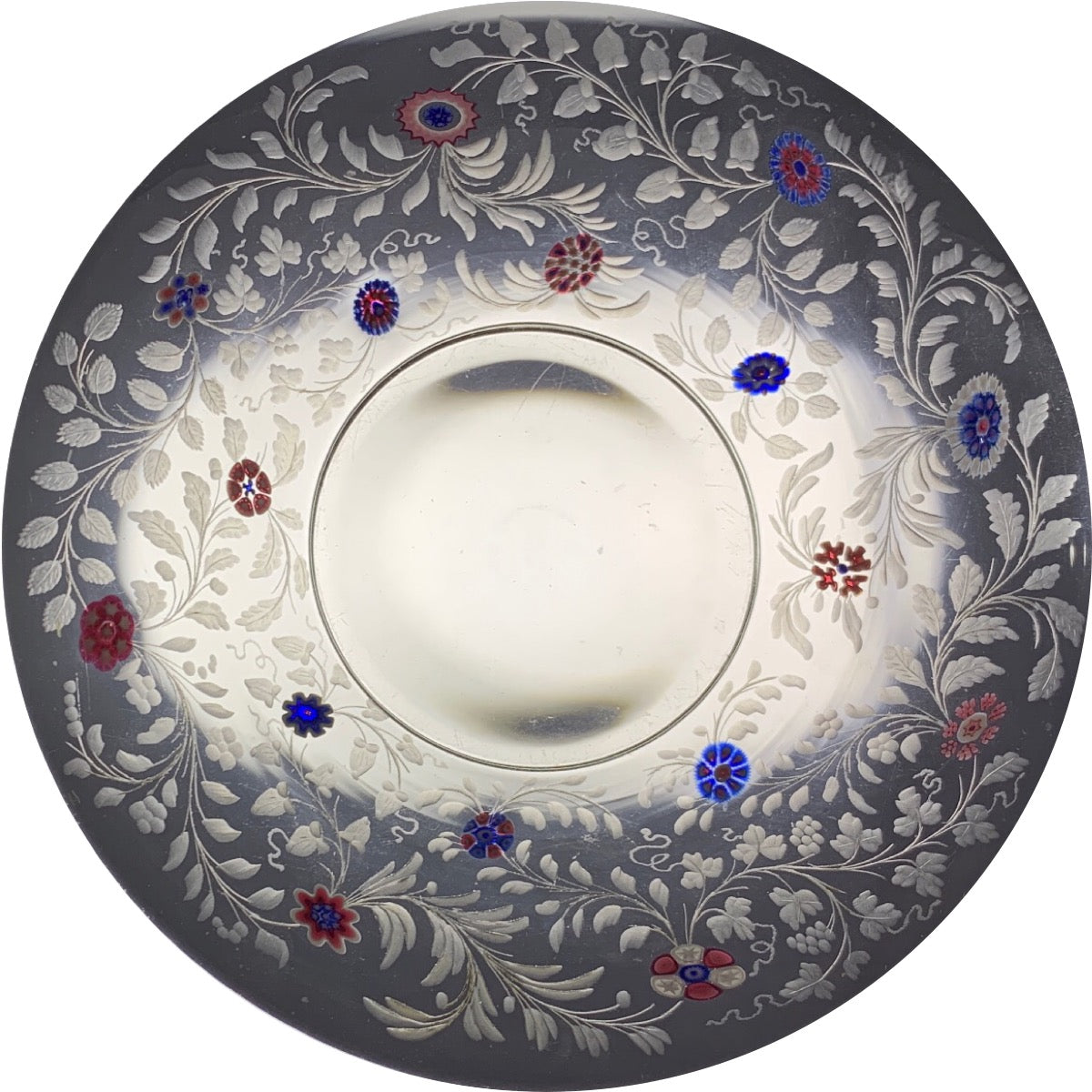 Antique Baccarat Engraved Vines and Millefiori Encrusted Dessert Dish