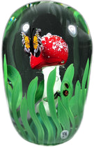Jesse Taj 2005 Art Glass Paperweight Lampwork Mushroom w/ Murrine Butterfly & Insects
