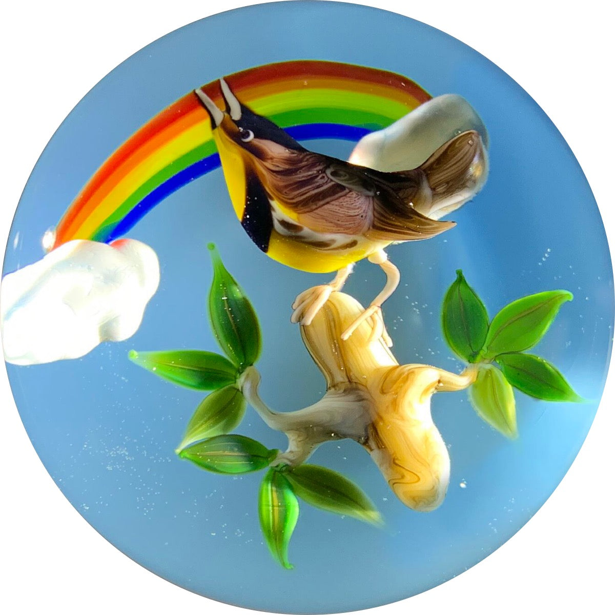 Rick Ayotte 1980 Lampwork Songbird with Rainbow on Blue LE 21/50