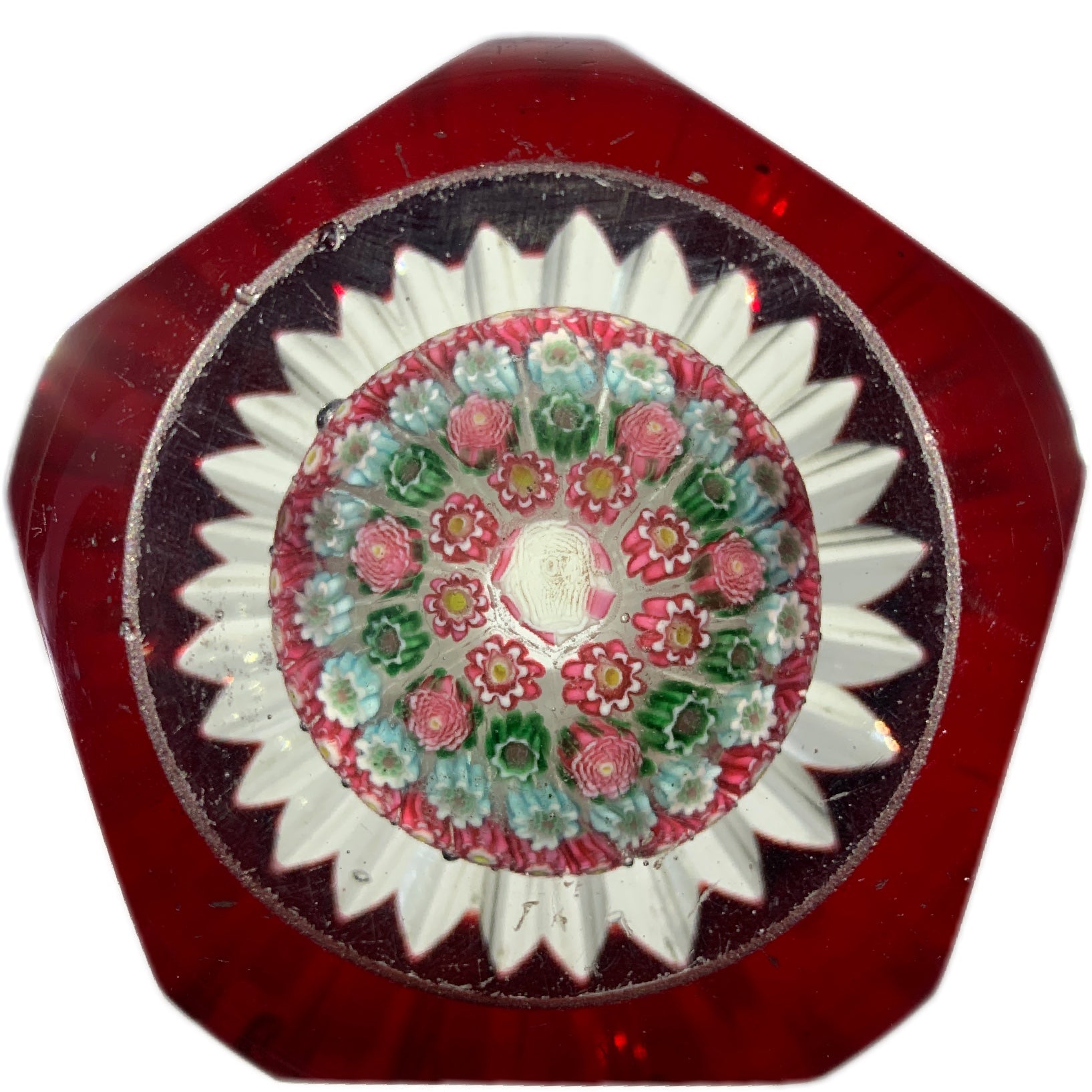 Extremely Rare Antique Harrach Concentric Millefiori Mushroom with Transparent Red Overlay