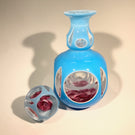 Murano Art Glass Rose-Encased Paperweight Bottle Inkwell Fancy-Cut Blue Overlay
